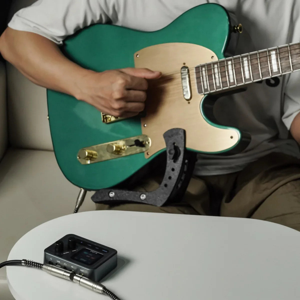 Teal and natural wood finish electric guitar with gold hardware shown with m-vave pocket amp 1.54 inch hd screen multi-effects processor