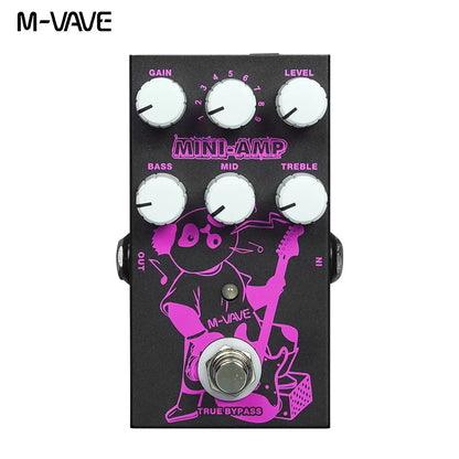 Black m-vave mini-amp guitar pedal with vibrant pink cartoon graphic and six white knobs for portable effects processing