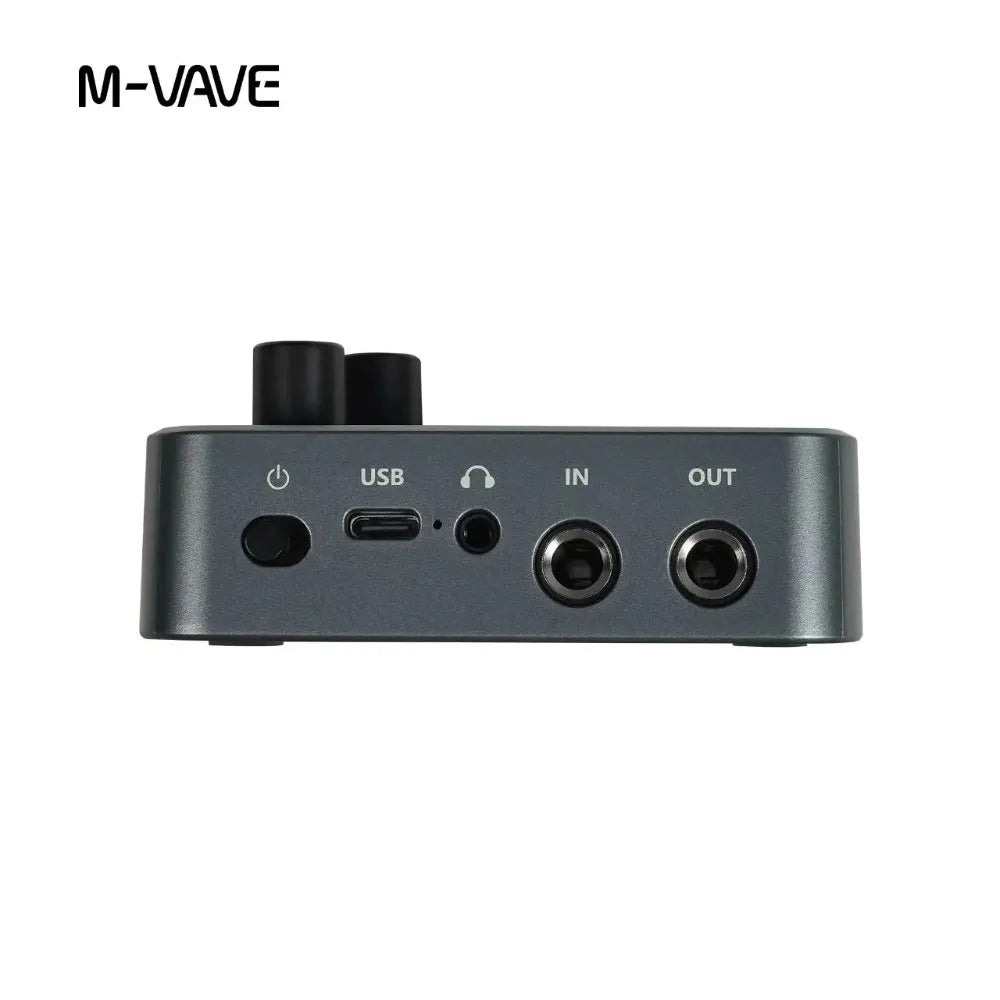 M-vave black audio interface with usb port power button headphone jack and two 3.5mm input output jacks for guitar effects