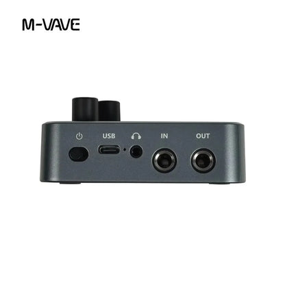 M-vave black audio interface with usb port power button headphone jack and two 3.5mm input output jacks for guitar effects