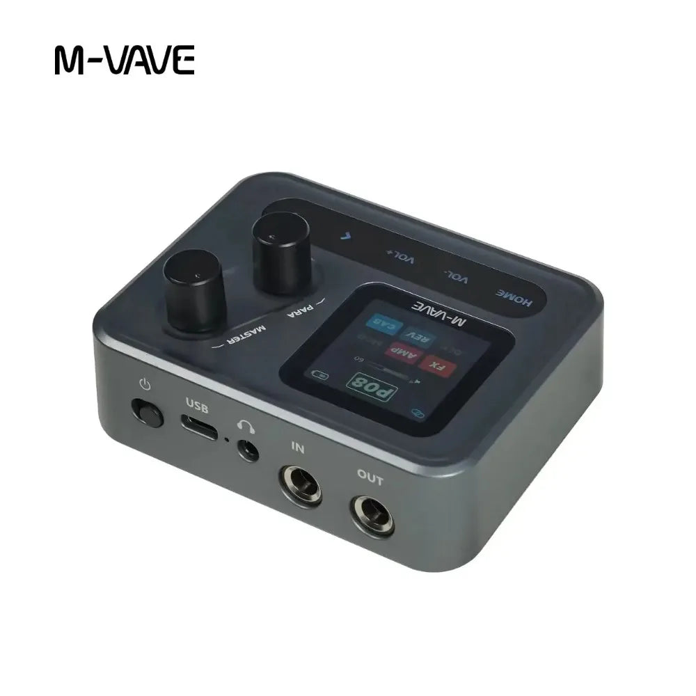 Black M-vave pocket amp portable guitar effects pedal with digital display and multiple input output ports for recording