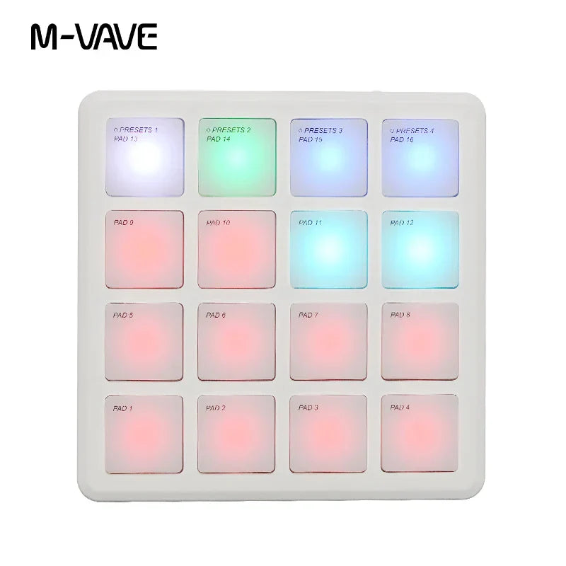 White m-vave pocket pad portable wireless midi controller with 16 illuminated pads suitable percussion use and usb-c interface