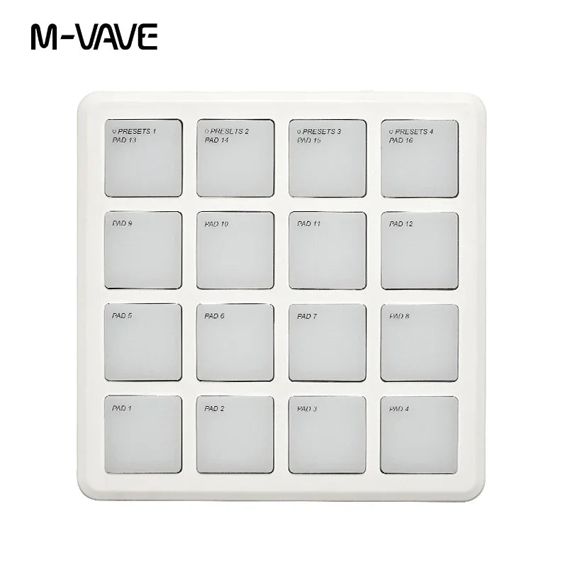 White m-vave midi controller with 16 labeled square pads designed as a portable wireless midi controller for percussion use