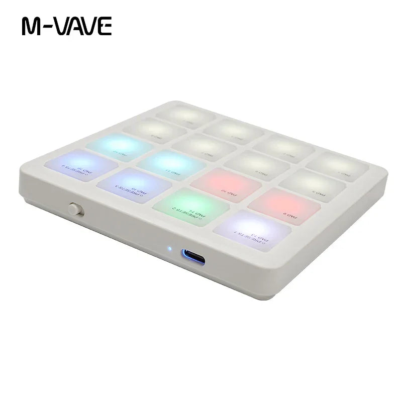 White m-vave pocket pad portable wireless midi controller with 16 illuminated color-coded pads and usb-c port for percussion