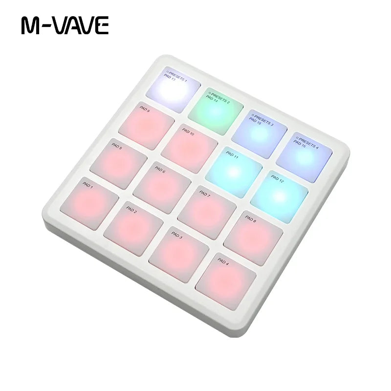 White m-vave midi controller with 16 illuminated color-coded pads suitable percussion portable wireless midi device