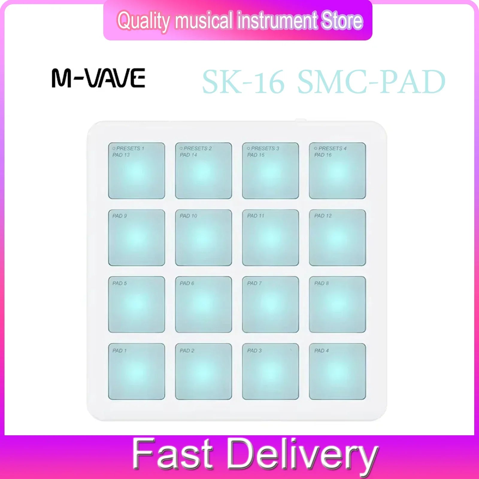 White m-vave sk-16 smc-pad wireless midi controller with 16 illuminated light-blue pads and usb-c interface