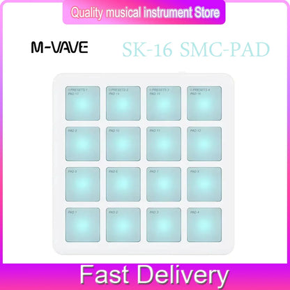 White m-vave sk-16 smc-pad wireless midi controller with 16 illuminated light-blue pads and usb-c interface