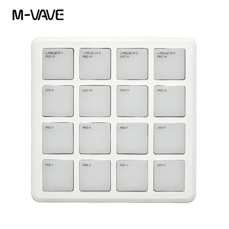 White m-vave sk-16 smc-pad wireless midi controller with 16 labeled square pads and pad usb-c interface for portable use