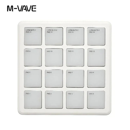White m-vave sk-16 smc-pad wireless midi controller with 16 labeled square pads and pad usb-c interface for portable use