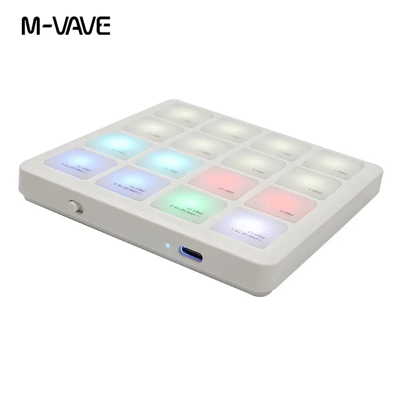 White m-vave sk-16 smc-pad wireless midi controller with illuminated color-coded buttons and pad usb-c interface port
