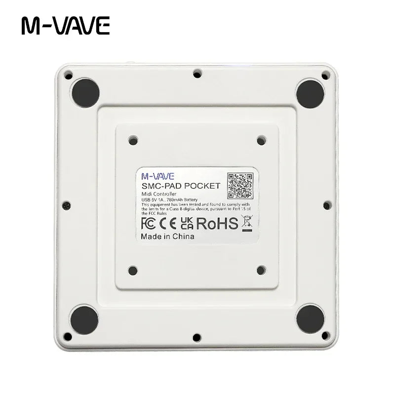 White rectangular m-vave sk-16 smc-pad wireless midi controller with pad usb-c interface and certification label
