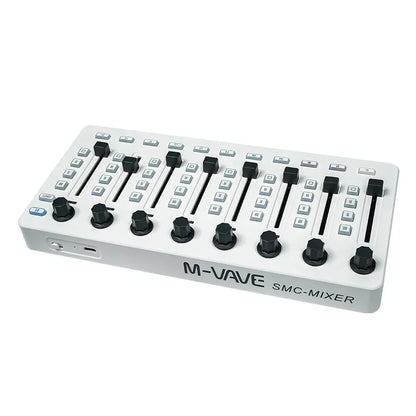 White m-vave smc-mixer audio mixing console with black knobs and sliders featuring wireless midi controller and console bt connection