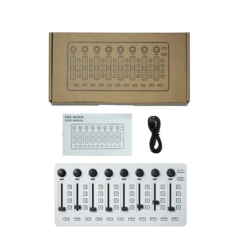 White smc-mixer audio mixing console with black knobs and sliders wireless midi controller usb controller mixer console bt connection