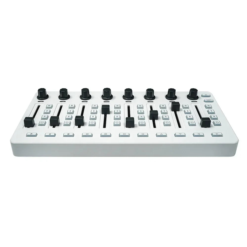 White audio mixing console with black knobs and sliders featuring wireless midi controller and console bt connection