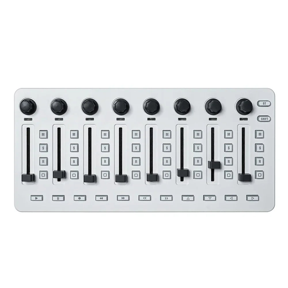 White audio mixing console with black knobs and sliders wireless midi controller usb controller mixer with console bt connection