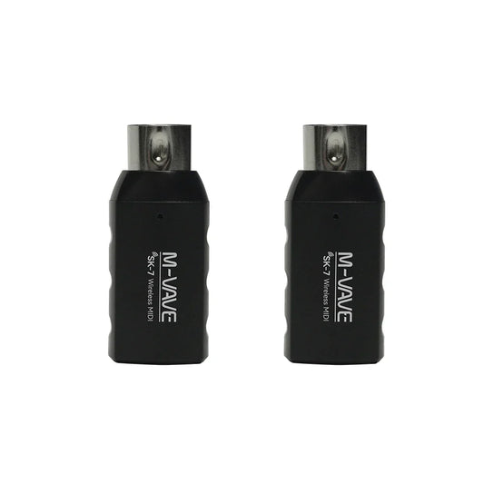Black m-vave sk7 midi adapter wireless transmitters with metallic silver tops rechargeable wireless midi receiver transmitter