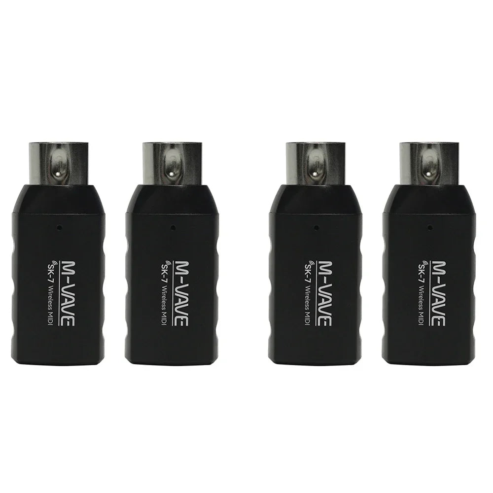 Four black m-vave sk7 midi adapter wireless transmitters with metallic silver connectors and receiver transmitter rechargeable design