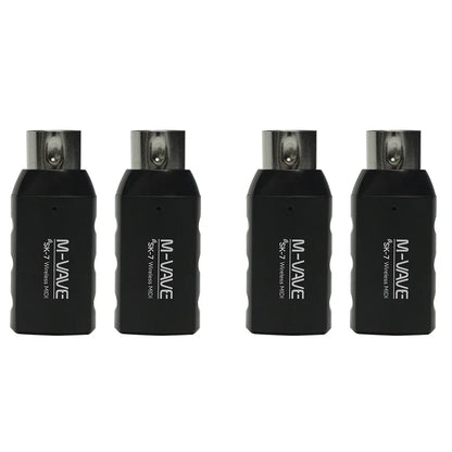 Four black m-vave sk7 midi adapter wireless transmitters with metallic silver connectors and receiver transmitter rechargeable design