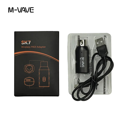 Black m-vave sk7 midi adapter wireless receiver transmitter rechargeable system with usb cable in clear plastic packaging