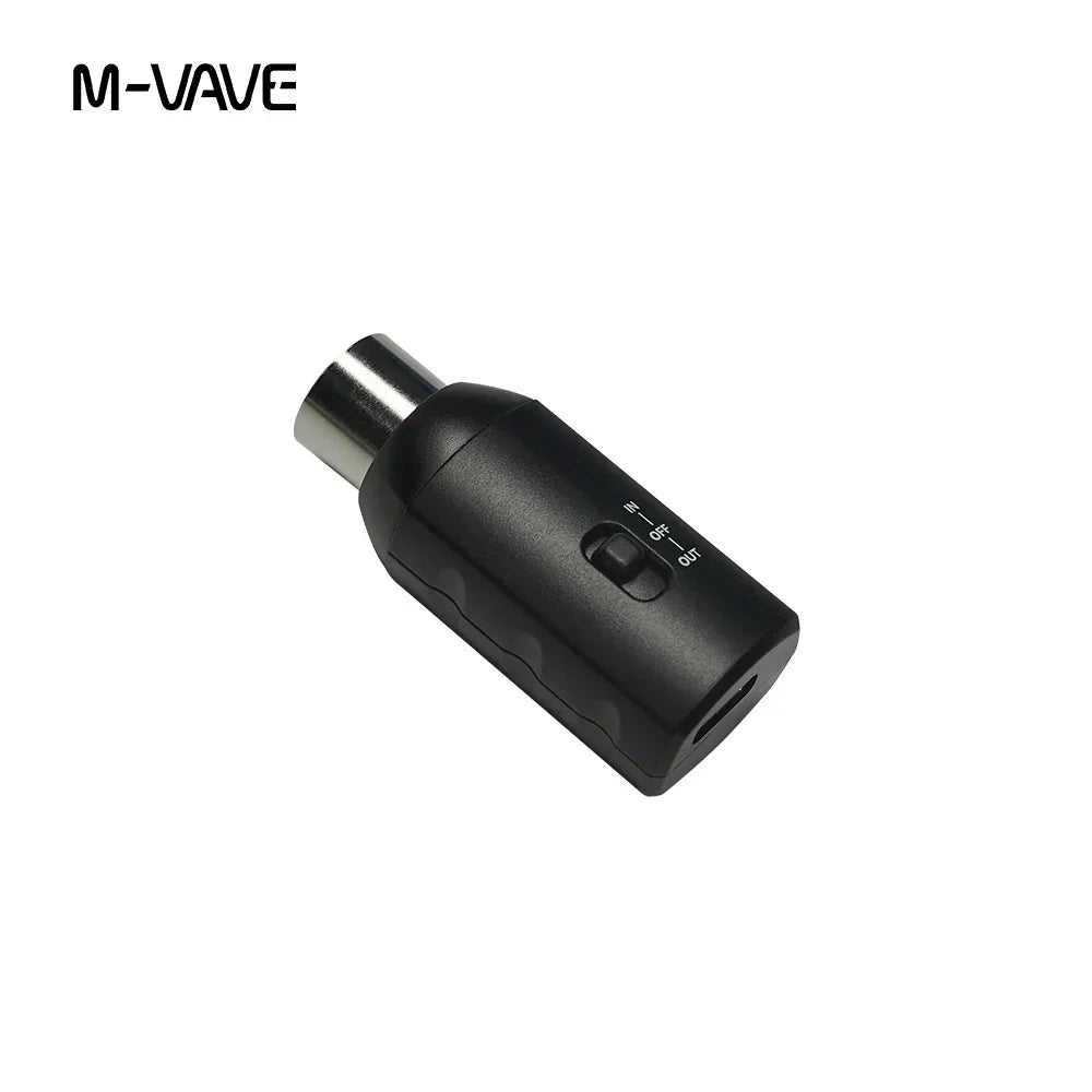 Black m-vave midi adapter wireless with metallic input jack and on/off switch receiver transmitter rechargeable system