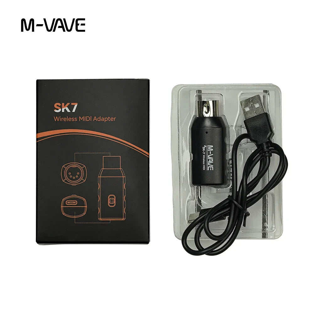 Black wireless midi adapter mini sk7 midi adapter with usb cable packaged in clear plastic for rechargeable use