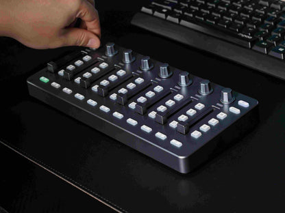 Black aluminum midi controller with silver knobs and type-c power supply for M-VAVE SMC mixer console use