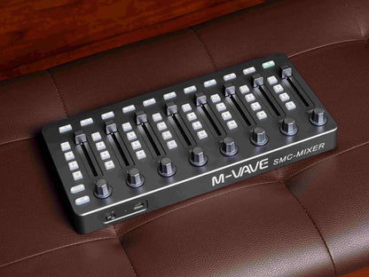 Black m-vave smc mixer midi controller with silver knobs white buttons and type-c power supply for music creation