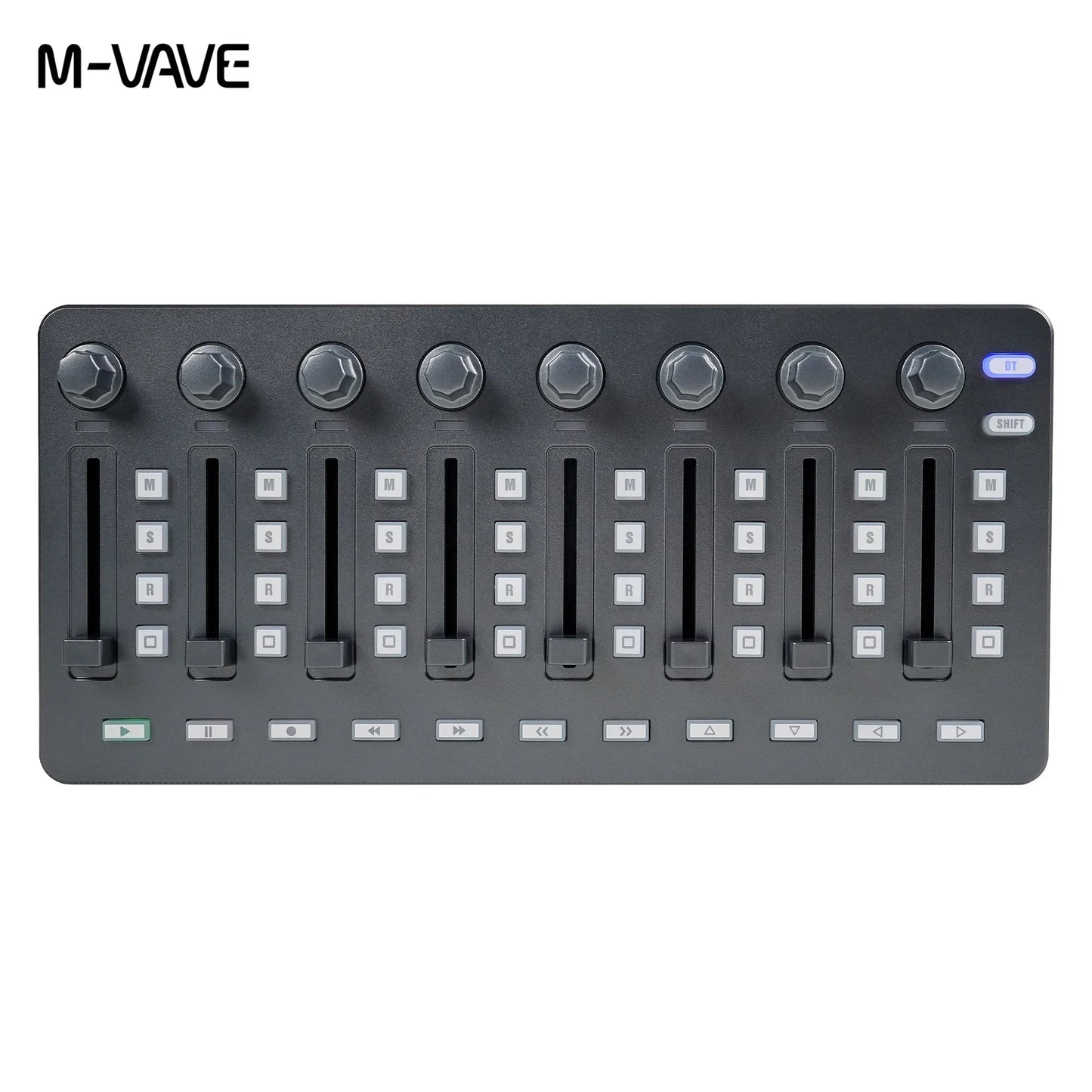 M-vave black midi controller with six rotary knobs, eight faders, function buttons, and type-c power supply for mixing