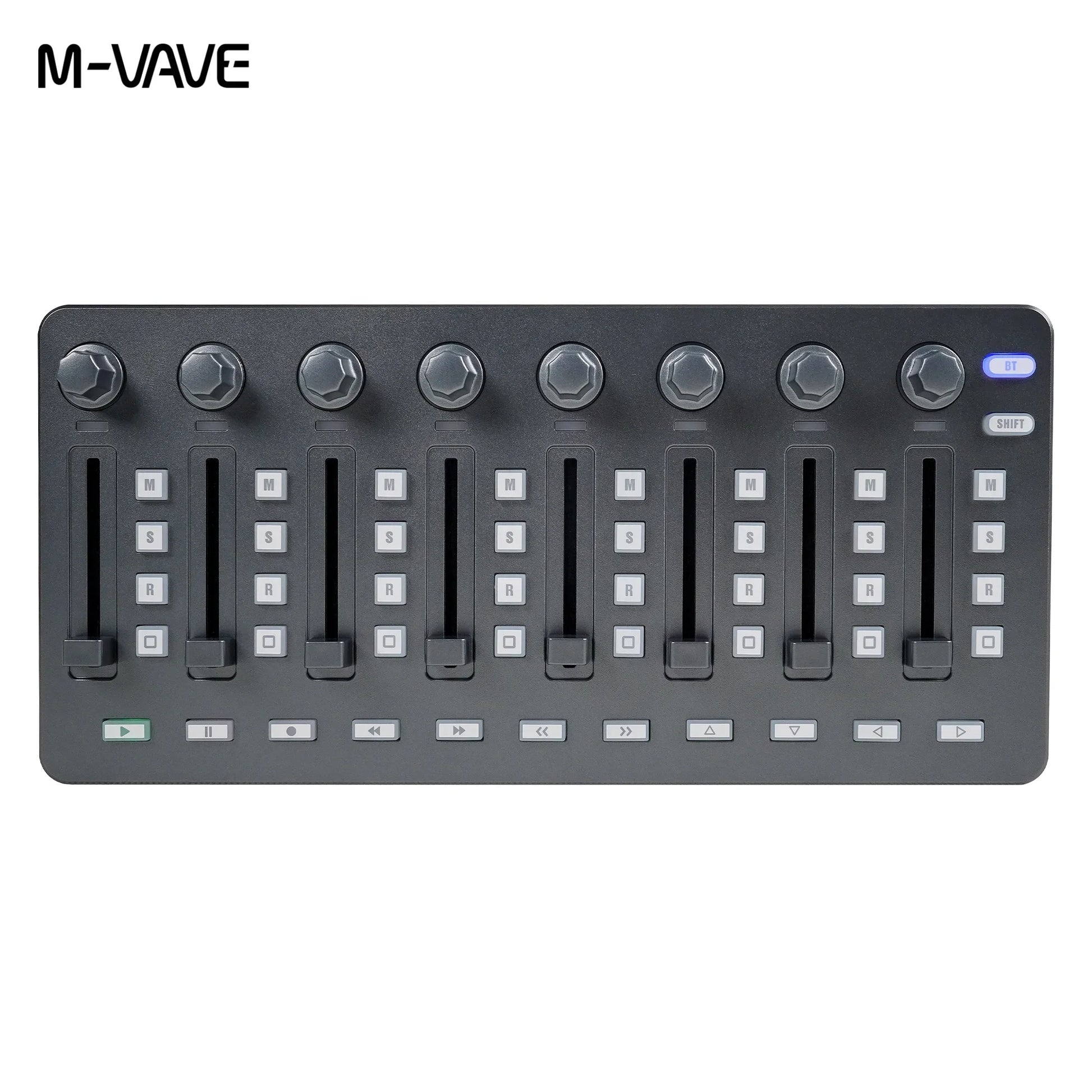 M-vave black midi controller with six rotary knobs, eight faders, function buttons, and type-c power supply for mixing