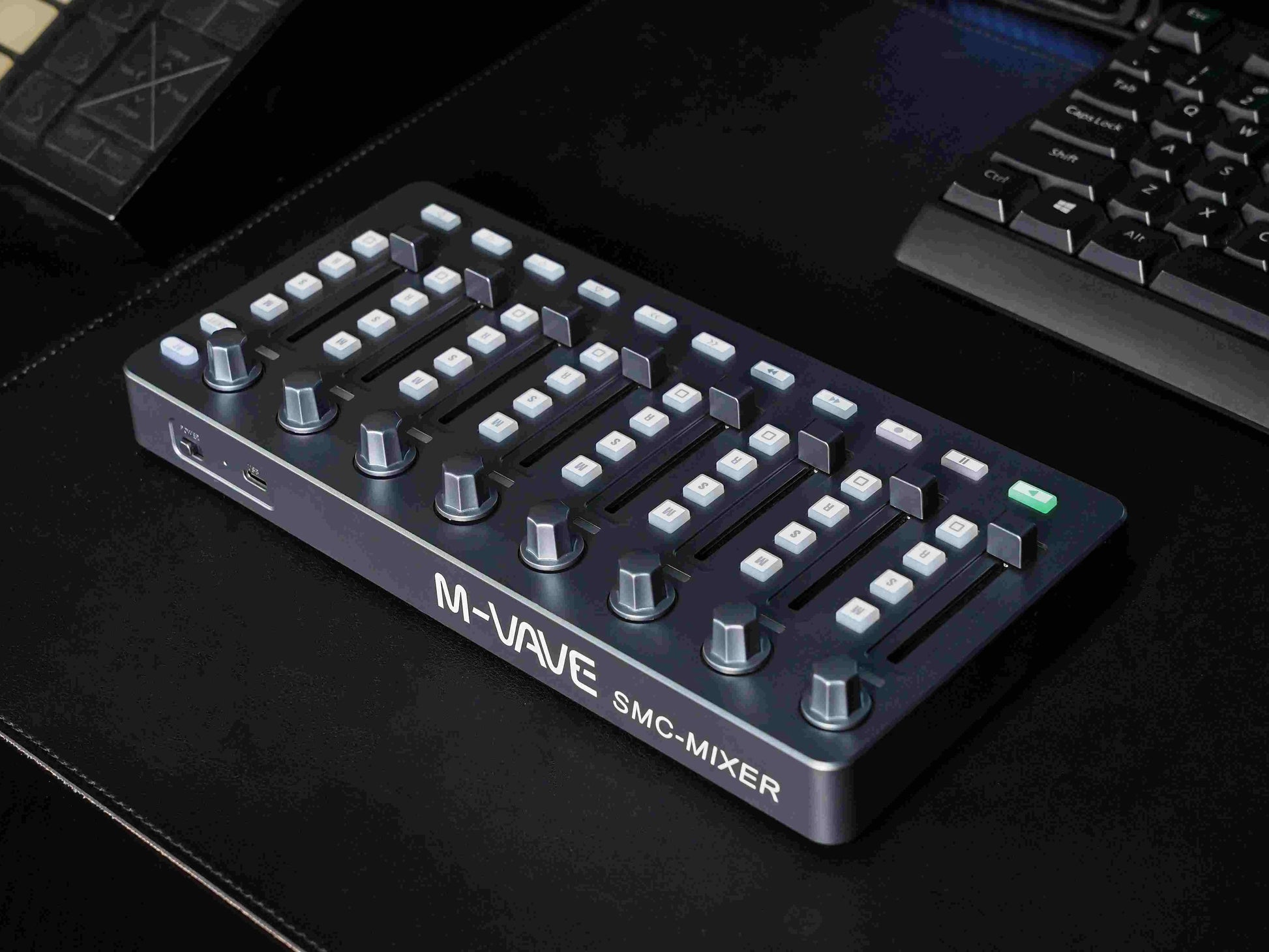 Dark gray m-vave smc mixer midi controller with silver knobs white buttons type-c power supply for music creation