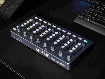 Dark gray m-vave smc mixer midi controller with silver knobs white buttons type-c power supply for music creation
