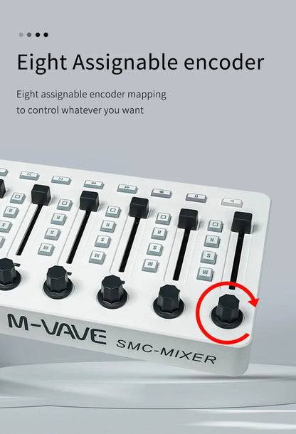 White m-vave smc-mixer wireless midi controller with eight black assignable encoders and knobs for daws