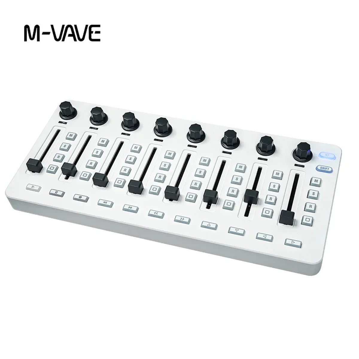 White m-vave wireless midi controller with black knobs and sliders for portable daw control in music production