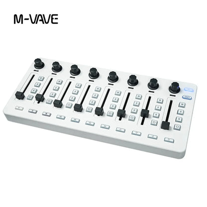 White m-vave wireless midi controller with black knobs and sliders for portable daw control in music production