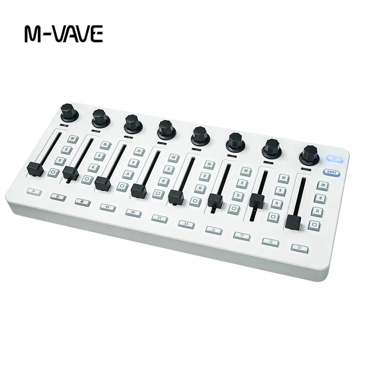 White m-vave smc-mixer wireless midi controller with black knobs and sliders portable daw controller for music production