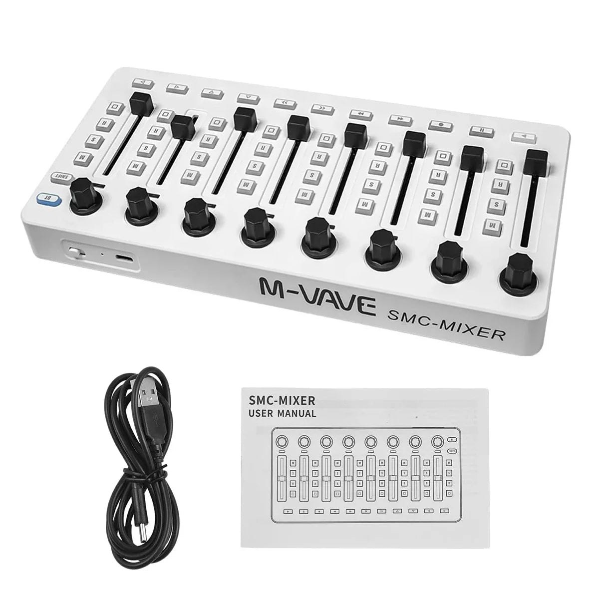 White m-vave smc-mixer wireless midi controller with black knobs and sliders for portable audio mixing and daw use