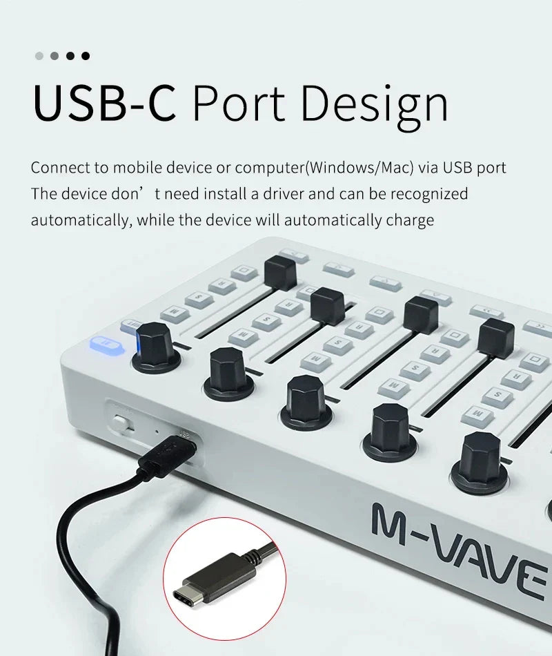 White m-vave usb-c wireless midi controller with black knobs and sliders for portable daw control and music production