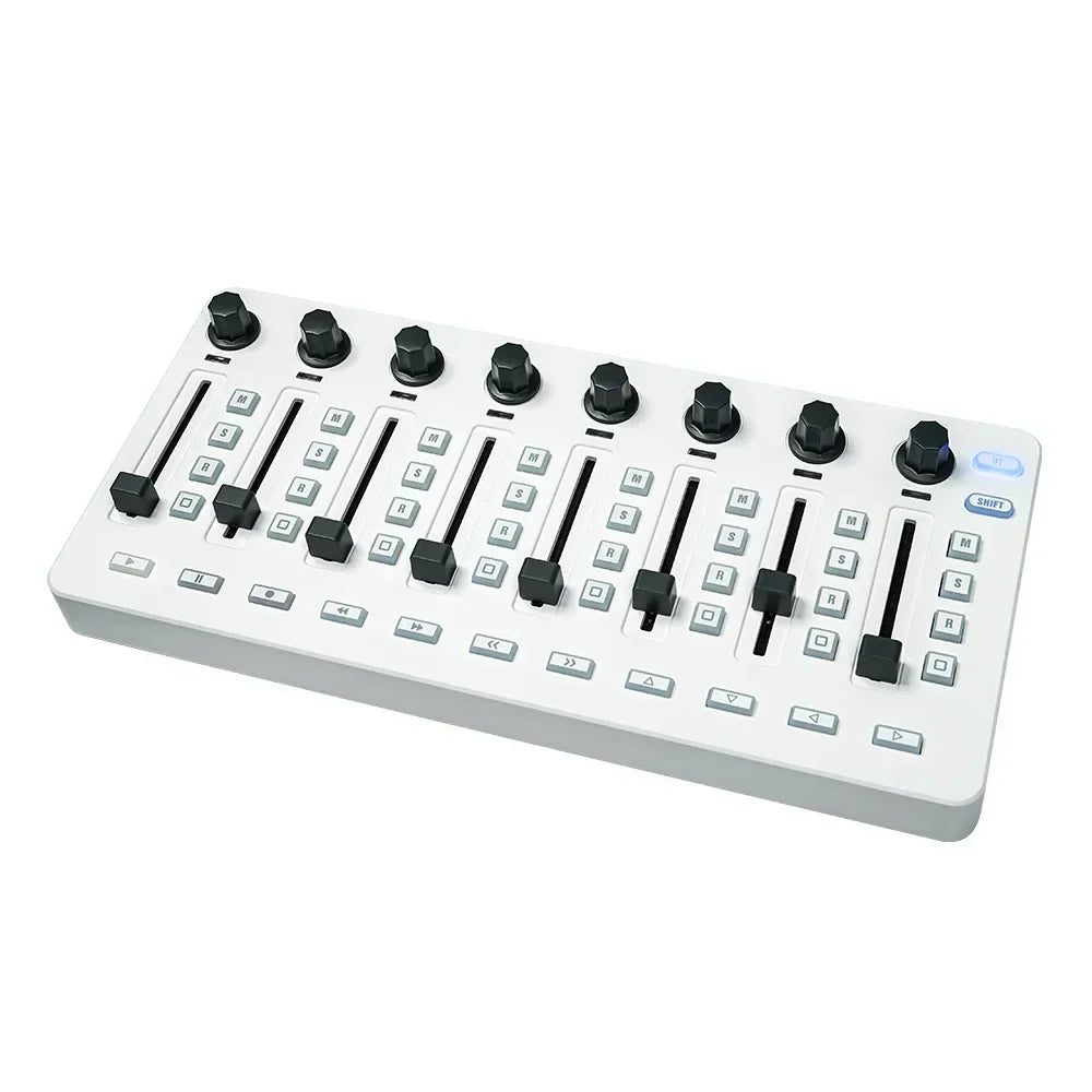White m-audio audio mixing console with black knobs and sliders m-vave smc-mixer wireless midi controller console bt connection