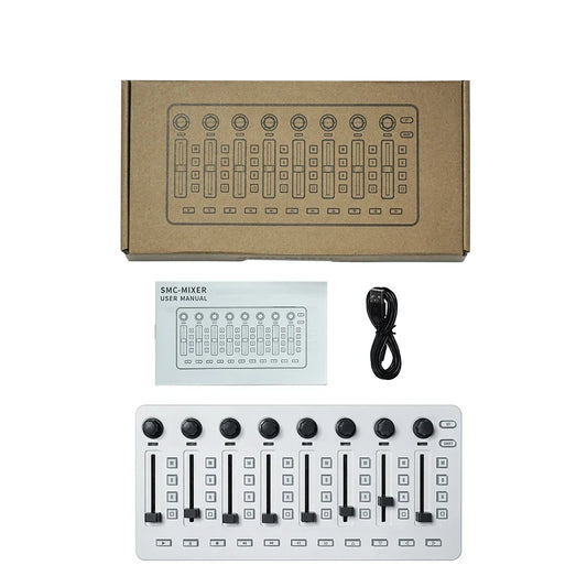 White smc-mixer audio mixing console with black knobs and sliders usb controller mixer with console bt connection