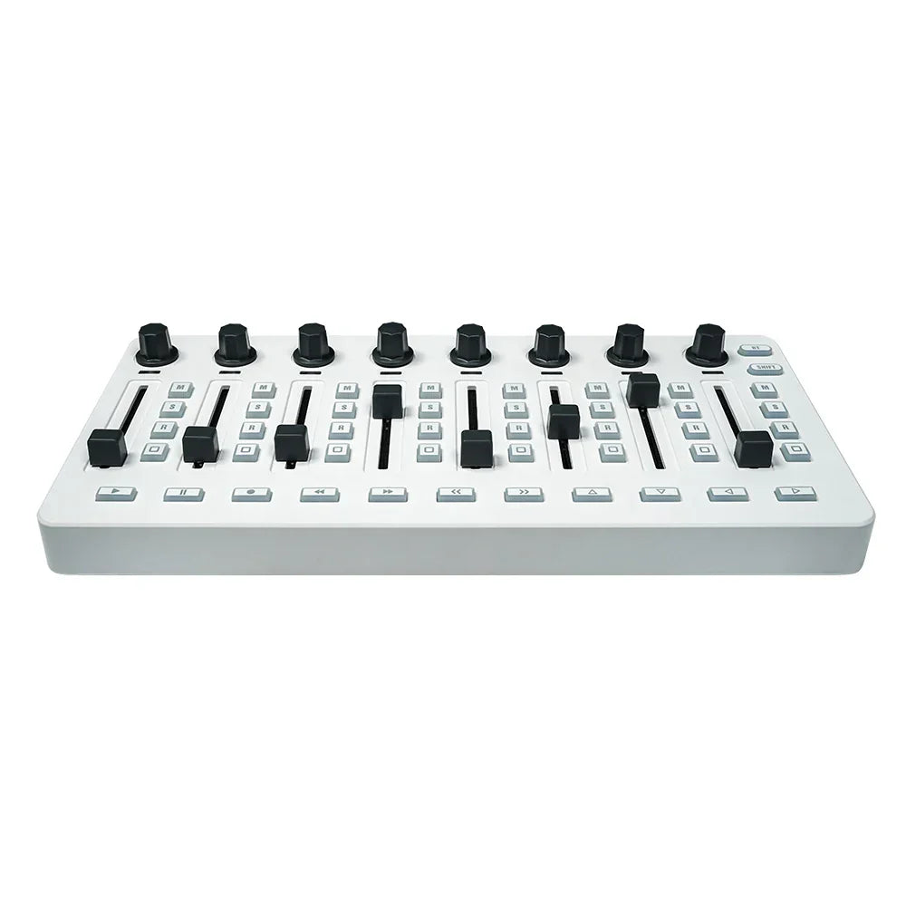 White audio mixing console with black knobs and sliders wireless midi controller usb controller mixer with console bt connection