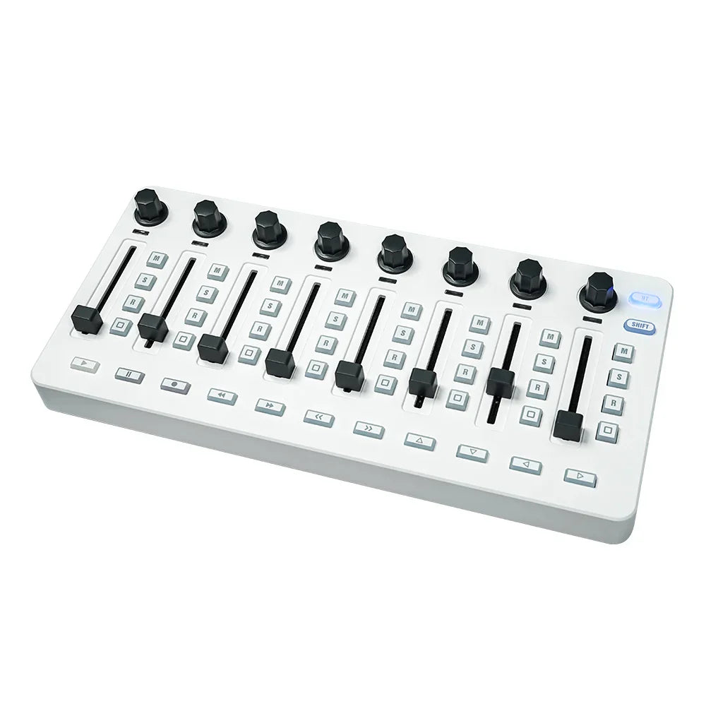 White audio mixing console with black knobs featuring wireless midi controller usb controller mixer and console bt connection