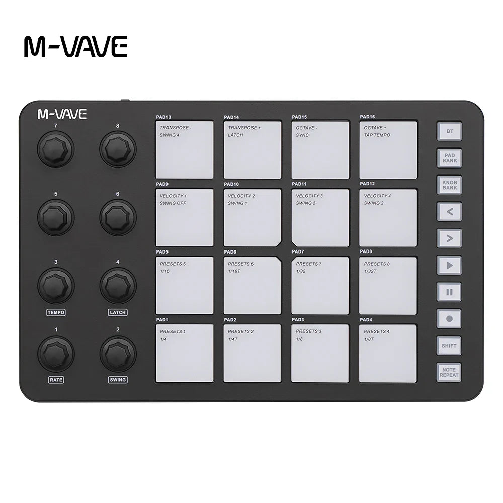 Black m-vave midi controller with 16 white labeled pads rotary knobs usb-c midi output interface portable design