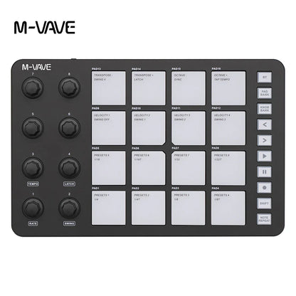 Black m-vave midi controller with 16 white labeled pads rotary knobs usb-c midi output interface portable design