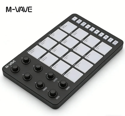 Black m-vave midi controller with white labeled pads black knobs usb-c and 3.5mm midi output interface