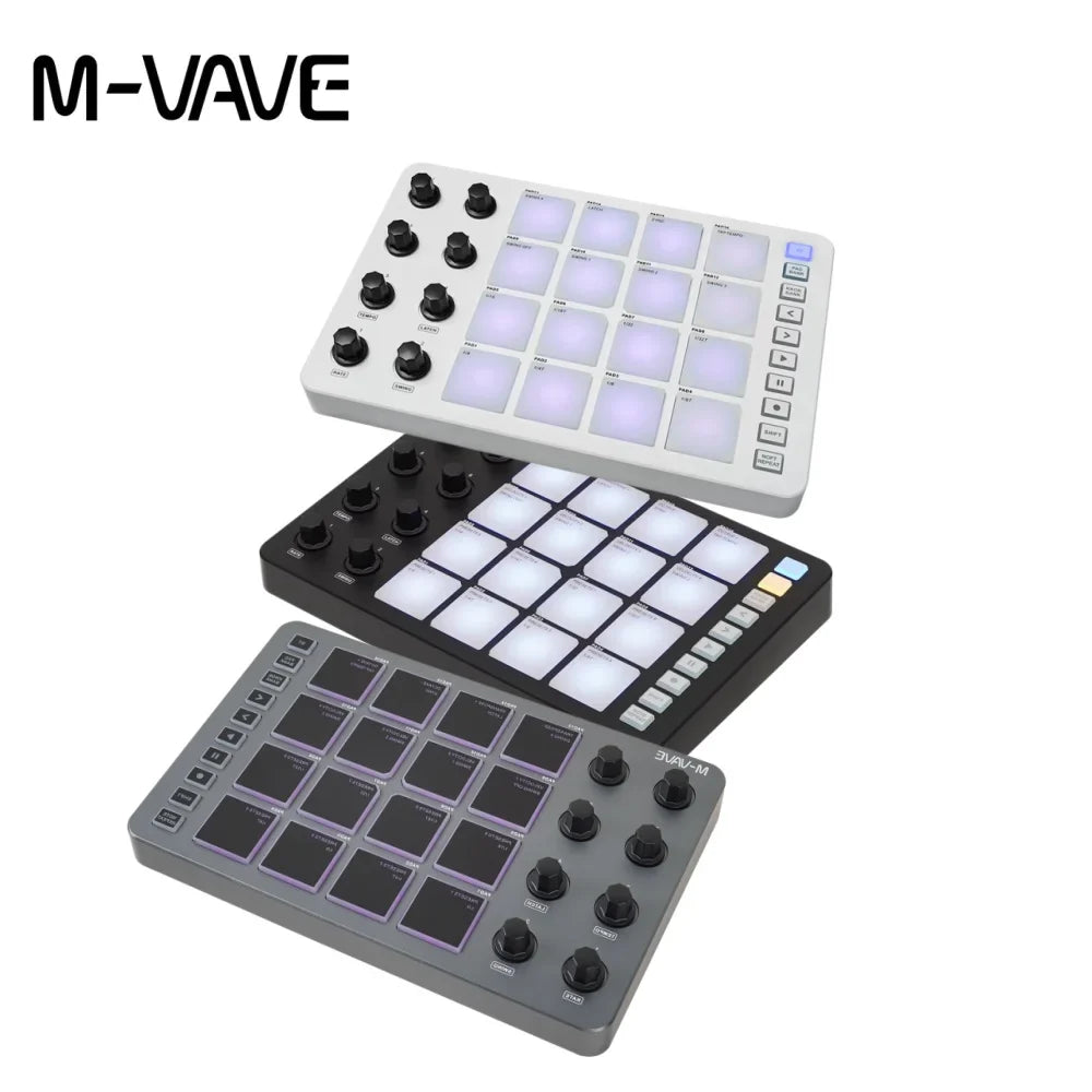 Three m-vave midi controller pads in white black and gray with illuminated keys rotary knobs and midi output interface