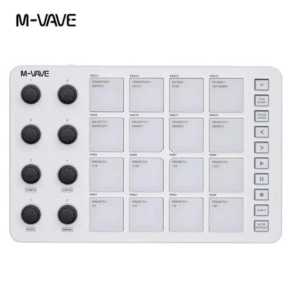 White m-vave smc-pad midi controller with 16 black pads and usb-c midi output interface for portable music production