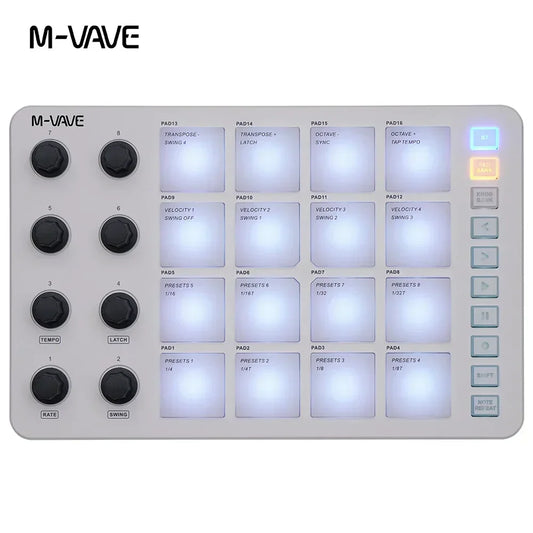 M-vave midi controller keyboard in gray with black knobs illuminated white strike pads rgb and interface pad rgb features