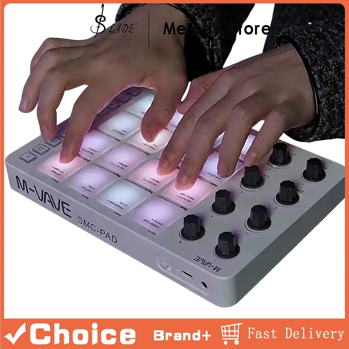 Gray m-vave smc-pad midi controller keyboard with illuminated white strike pads rgb and black knobs interface pad rgb