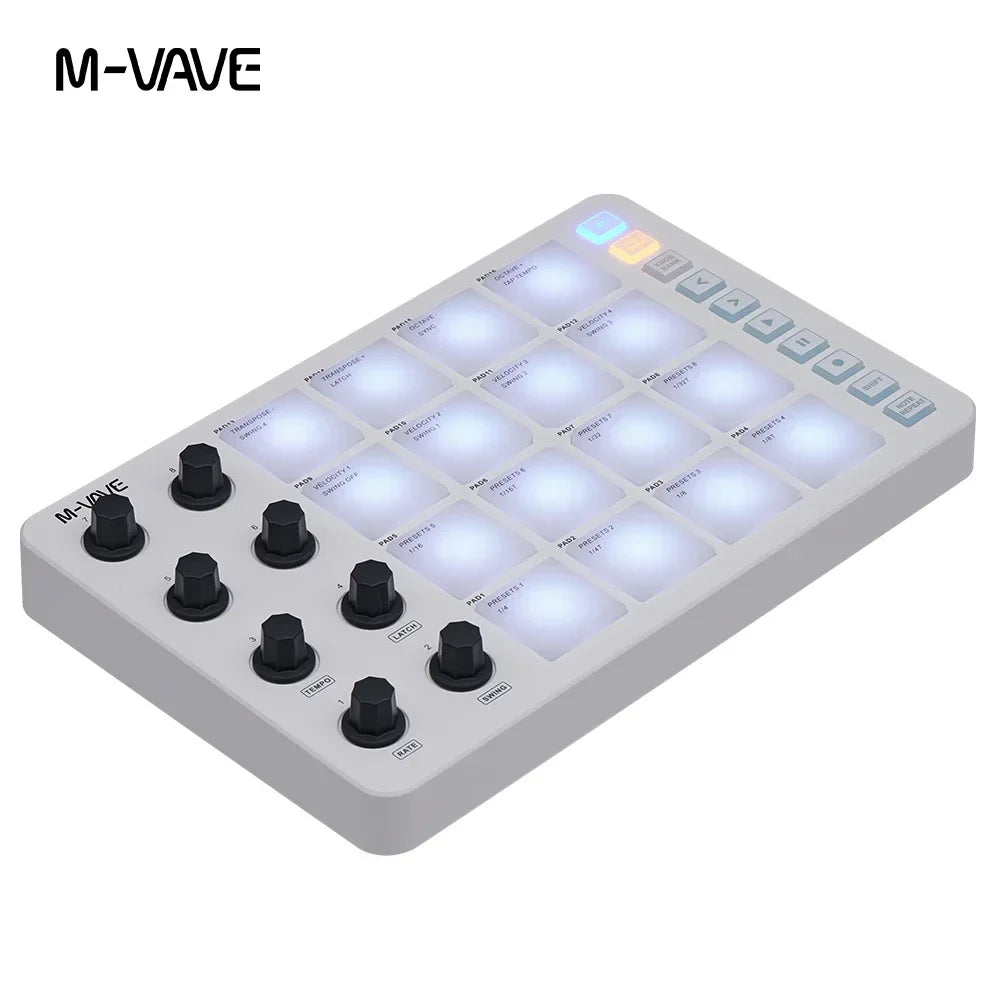 White m-vave midi controller keyboard with strike pads rgb and interface pad rgb illuminated by rgb backlight