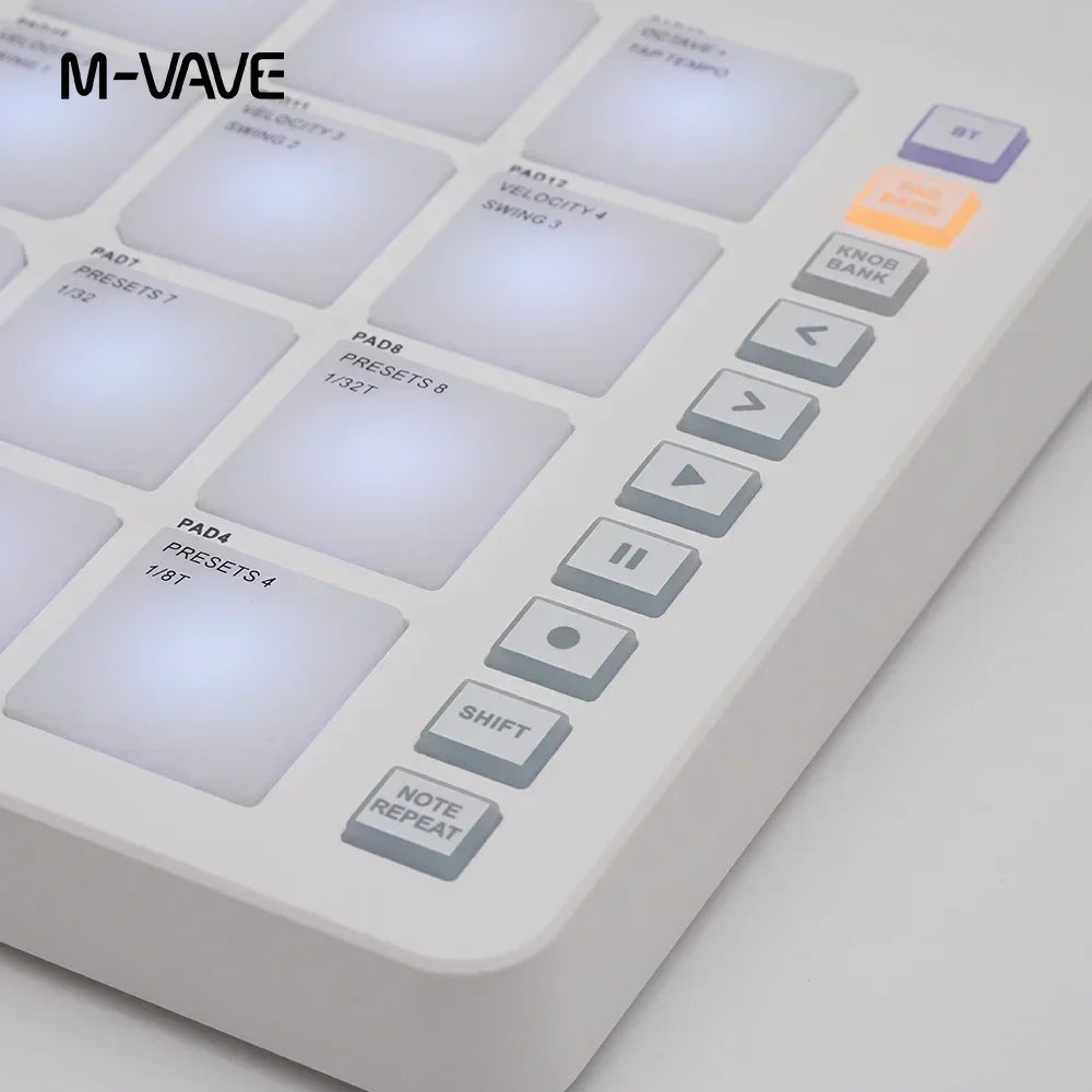 White m-vave midi controller keyboard with illuminated strike pads rgb and gray function interface pad rgb buttons